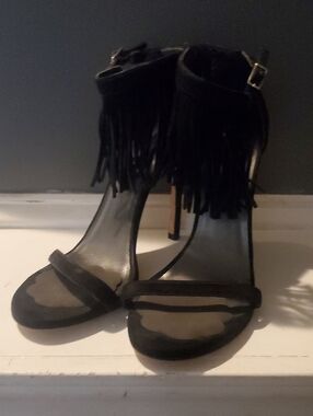 Stuart Weitzman Black Fringe Ankle-Strap High Heels